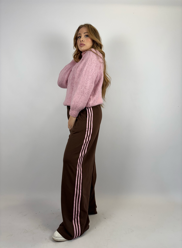Pantalone Marrone con Bande Rosa